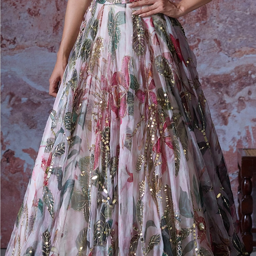 Elegant Pink Red Floral and Gold Embroidered Mahima Mahajan Lehenga - Picture 3 of 7